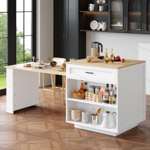 Desserte &icirc;lot de cuisine-Table-bar extensible 133-202&times;70&times;935cm avec rangements 2-6 pers plateau effet marbre blanc