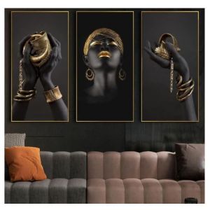 Lot de 3 tableaux sur toile pour femme africaine - Doré et noir - Pour décoration de salon - Sans cadre (40 x 80 cm)