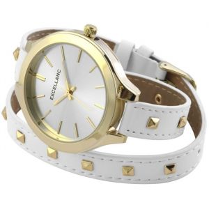 Montre femme - EXCELLANC - Ligne Signature - Bo&icirc;tier m&eacute;tal dor&eacute; 42mm - Bracelet simili cuir blanc enroulable - Mouvement quartz