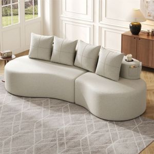 DRIPEX Canap&eacute; compress&eacute; en lin avec 4 coussinsCanap&eacute; dangle 3/4 places moderne incurv&eacute; avec porte-gobelets et poche lat&eacute;raleBeige