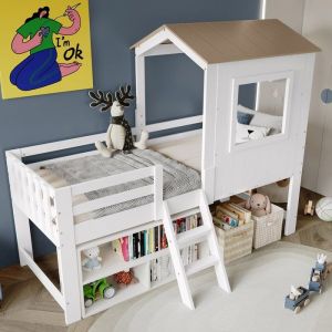 Lit enfant lit mi-hauteur 90x200 avec toit et fen&ecirc;tre barri&egrave;reescalierespace de rangement libre sous le