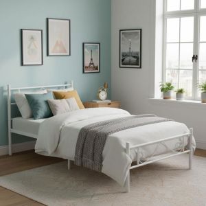 FurnitureR Lit 1 Place en M&eacute;tal Structure Blanc 90x190 cm Sommier Inclus Parfait pour Enfant Adolescent ou Invit&eacute;