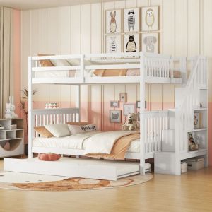 Lit superposé enfant-5 places-140x200-étagère en escalier-avec lit gigogne 90x190-barrières hautes Pin Certifié EN747-1 blanc