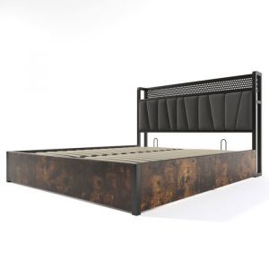HOMVRA Lit coffre double 160x200 cm lit complet avec LED et USB sommier et matelas lin gris et bois (sans fond)