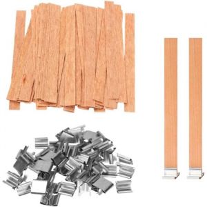 Meche Bougie Bois 50 Pièces Mèche en Bois de Bougie avec Support de Fer Mèches Bougie en Bois Naturel Trimmable Meches A331