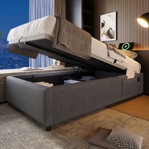 Lit rembourré 1 personne 90×200 cm lit de rangement Cadre de lit avec USB- C et sommier à lattes sans tête de lit Gris