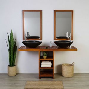 Ensemble meuble vasque et miroir salle de bain New Gempo 140 cm en bois teck naturel Taille - Meuble + miroir + 2 vasques