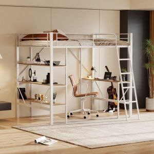 Lit mezzanine 90 x 200 cm métal avec cadre de lit lit en fer lit surélevé avec bureau et trois grandes étagères pour enfants
