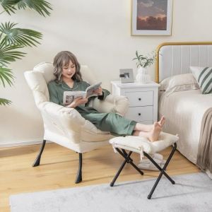 RELAX4LIFE Fauteuil avec Repose-Pied Assorti  Poche Latérale  Appui-tête  Patins Antidérapants pour Chambre/Salon/Bureau Beige