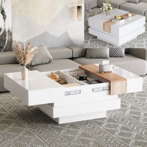 Table basse brillant extensible blanc 70 x 70 x 39 cm Table basse carr&eacute;e moderne salon en bois avec rangement cach&eacute;