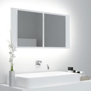 Armoire De Salle De Bain &agrave; Miroir &agrave; LED Blanc 90x12x45 CM Miroir Mural Miroir Maquillage avec 2 &Eacute;tag&egrave;res Meuble Miroir Durable[763]