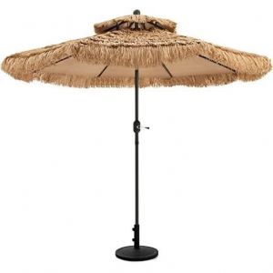 RELAX4LIFE Parasol de Plage Hawaï Tropicale Inclinable Dia.270 x H260cm Mât en Fer 8 Baleines Parasol de Paille avec Base Rond