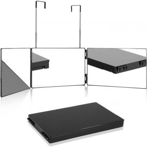 Miroir 360 Coiffure 3 Faces avec Crochets Portable Pliable et Hauteur R&eacute;glable pour Coiffure Rasage Maquillage Noir