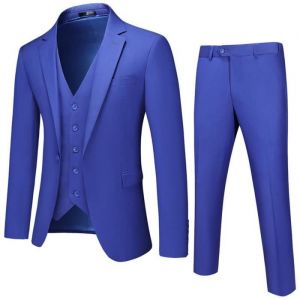 (Veste+gilet+Pantalon)Costume Homme Mariage Business Fit Smoking Simple Poitrine Men Suits XH355 bleu