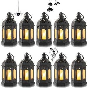 DRE-Lot de 10 Mini Lanterne LED Exterieur Lanterne Bougie Noir Decorative Bougeoir pour Halloween Ramadan Mariage Noel