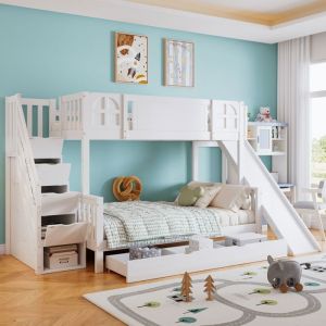 Lits Superposés 90x200cm Blanc - Fenêtre Toboggan Tiroirs Roulettes Escalier 4 Casiers Rangement Pin+MDF (sans Matelas)