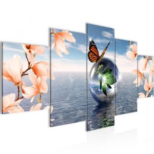 Runa art Tableau D&eacute;coration Murale Papillons Fleurs 200x100 cm - 5 Panneaux Deco Toile Pr&ecirc;t &agrave; Accrocher 505151a