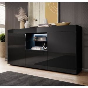 Buffet Bahut 2 portes 1 tiroir LED - SEFORA - Noir Brillant - Rangement