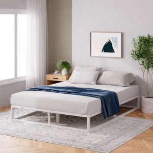 Lit 160x200 cm - Lit 2 personnes - Cadre de lit en métal avec lattes en bois - Hauteur 25cm - Cadre de lit Éco-responsable - Blanc
