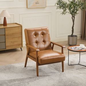 Fauteuil capitonn&eacute; scandinaveen cuir v&eacute;ritable fait &agrave; la mainbois massif &eacute;l&eacute;gant et luxueux 64*80*83cm marron clair