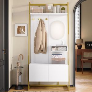 Porte manteau Meuble d&rsquo;entr&eacute;e Vestiaire moderne miroir 3 crochets en m&eacute;tal Banc &agrave; chaussures 2 portes 78x38.5x180.5 cm