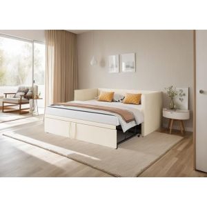 Canapé-lit - AMBIANCE - 90/180 x 200 cm - Lit gigogne - Extensible - en Tissu velours - Sommier à lattes - Beige