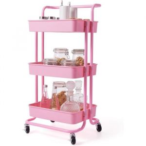 COSTWAY Chariot de Rangement à 3 Paniers  avec Poignée Chariot de Service en Métal Anti-Rouille Desserte à Roulettes Rose