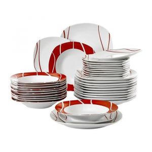 MALACASA Assiette Série FELISA 36 pièces Service de Table Complet en Porcelaine Motif à rayures blanches et rouges