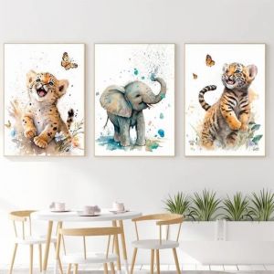 Posters Animaux Safari Chambre Bebe Affiche Lion Éléphant Tigre Aquarelle Tableau Jungle Decoration Mural 30x40cm sans Cadre