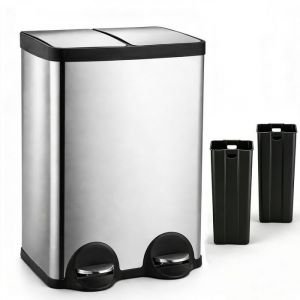 Poubelle Cuisine 60L Double Compartiment 2x30L Poubelle Tri S&eacute;lectif Acier Inox  Rectangulaire &agrave; P&eacute;dales Anti Traces ni Odeurs