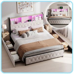 Lit Double 140x200 cm Lit Coffre avec 7 Rangements Lit Adulte Tête de Lit LED RGB et Recharge en Velours Béige，Luxe moderne Style