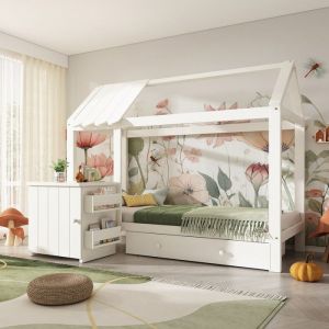 Lit cabane lit enfant 90x200en bois massif avec tiroirs et table de chevet amovible-Lit au sol sommier &agrave; lattessans matelas