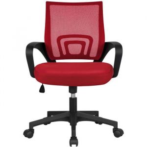 Yaheetech Chaise de Bureau à Roulettes en Maille Rouge Fauteuil Bureau Inclinable Pivotant Siège Base Plus Larges Hauteur Réglable