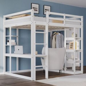 Lit mezzanine adulte 140x200 cm Lit enfant Lit double bois avec bureau étagères amoire barrière et sommier à lattes - blanc