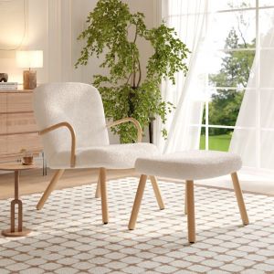 Fauteuil Style Scandinave Fauteuil avec Repose-Pieds en Bois Tissu BeigeChaise pour SalonChambreSalle à mangerJusqua 150kg