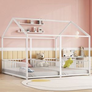 Lit cabane enfant 90x200cm Lit 2 places Lit double en m&eacute;tal Forme de maison avec toit garde-corps et sommier &agrave; lattes - blanc