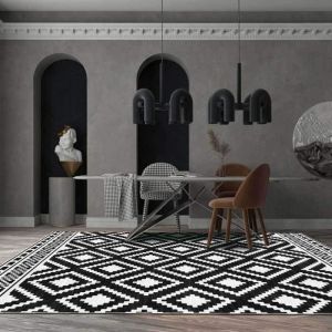 Tapis Moderne Famille D&eacute;corations Carr&eacute; g&eacute;om&eacute;trique Noir et Blanc Simple Tapis de Salon &agrave; Design Scandinavie 120x160cm[14676]