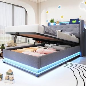 Lit coffre lit rembourré 90 x 200 cm avec lumière et USB tête de lit rabattable rangements poche téléphone - gris