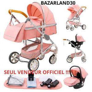 BAZARLAND30.Poussette Combin&eacute;e 3 en 1 Si&egrave;ge-Auto Nacelle Trio R&eacute;versible R&eacute;glable Haute Qualit&eacute; Roues increvables. ROSE