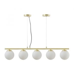 Lustre en m&eacute;tal et verre blanc - 5 globes - L. 100 x H. 120 cm - Dor&eacute; - SOFIA