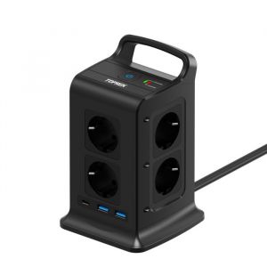 Tour Multiprise Parasurtenseur Parafoudre 8 Prises EU avec 3 USB-A Ports - Cordon de 2m avec Interrupteur - 16A/4000W  - Noir