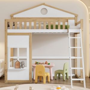 Lit mezzanine lit enfant 90x200 cm lit simple avec garde-corps descalier avec toit et fenêtre design - blanc