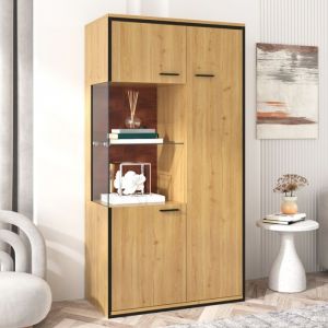 Vitrine contemporaine &agrave; &eacute;clairage LED trois portes hauteur 150 cm armoire haut de salon avec &eacute;tag&egrave;res en verre finition bois
