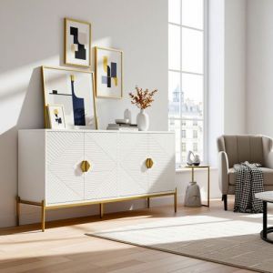 URBAN MEUBLE Buffet moderne blanc &agrave; motif g&eacute;om&eacute;trique pieds et poignets dor&eacute;s Blanc Blanc BUFFET
