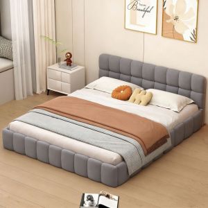 Lit Double 140x190CM - T&ecirc;te de Lit Rembourr&eacute; -Lit 2 place Adulte avec Sommier a Lattes -Cadre de Lit Capitonn&eacute; -Tissu en Lin -Gris