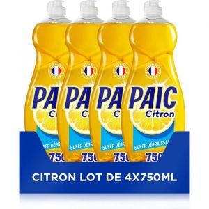 PAIC Liquide Vaisselle Super D&eacute;graissant CitronNettoie D&eacute;graisseElimine les Mauvaises OdeursLot de 4X750ml