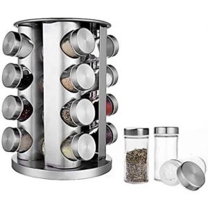 Présentoir à Épices - Carrousel Epices en Acier Inoxydable - 16 Pots Verre - Rangement Epices Cuisine Barbecue