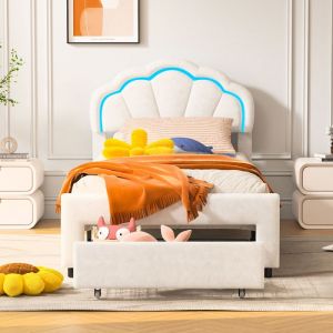 Lit Fille 90x200 cm avec LED Lit de Rangement avec un Tiroir Lit Simple Capitonn&eacute; Lit Enfant avec T&ecirc;te de Lit R&eacute;glable Blanc