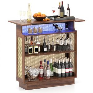 COSTWAY Table de Bar en Rotin PE Cannage 120 x 55 x 110 cm - &Eacute;clairage LED RGB - 3 Supports pour Verres &agrave; Pied et 3 &Eacute;tag&egrave;res