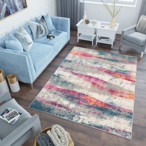 TAPISO Tapis Salon Poils Ras LAZUR Bleu Rose Gris Jaune Abstrait Polypropyl&egrave;ne Int&eacute;rieur 300x400 cm